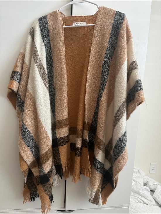 Nine West Sweaters - Nine West Tan, Cream & Gray Plaid Open-Front Poncho with Fringe
